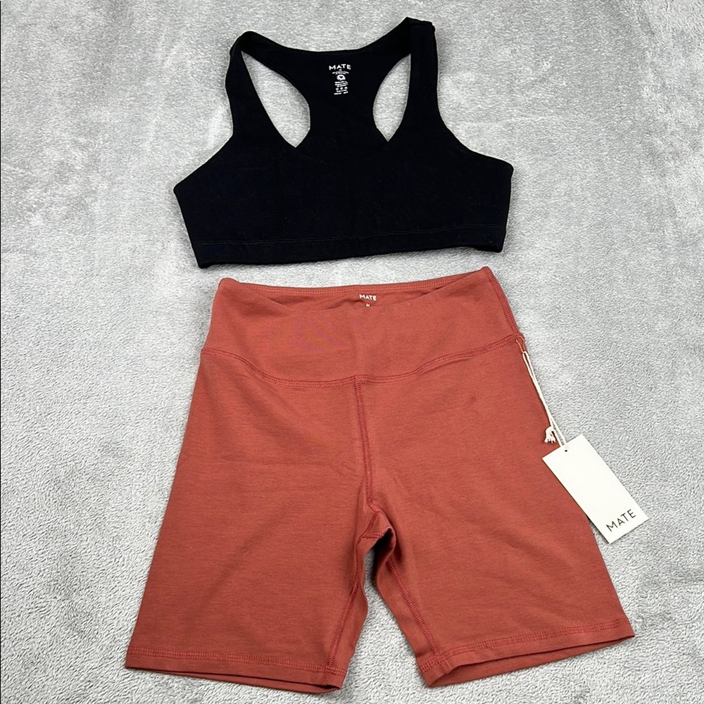 NEW MATE The Label M Organic Cotton Black Sports Bra and Red Biker Shorts Set‎